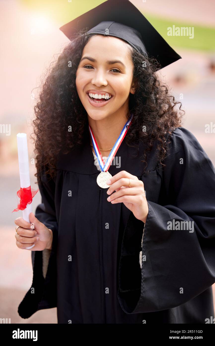 University valedictorian, woman portrait and college degree with