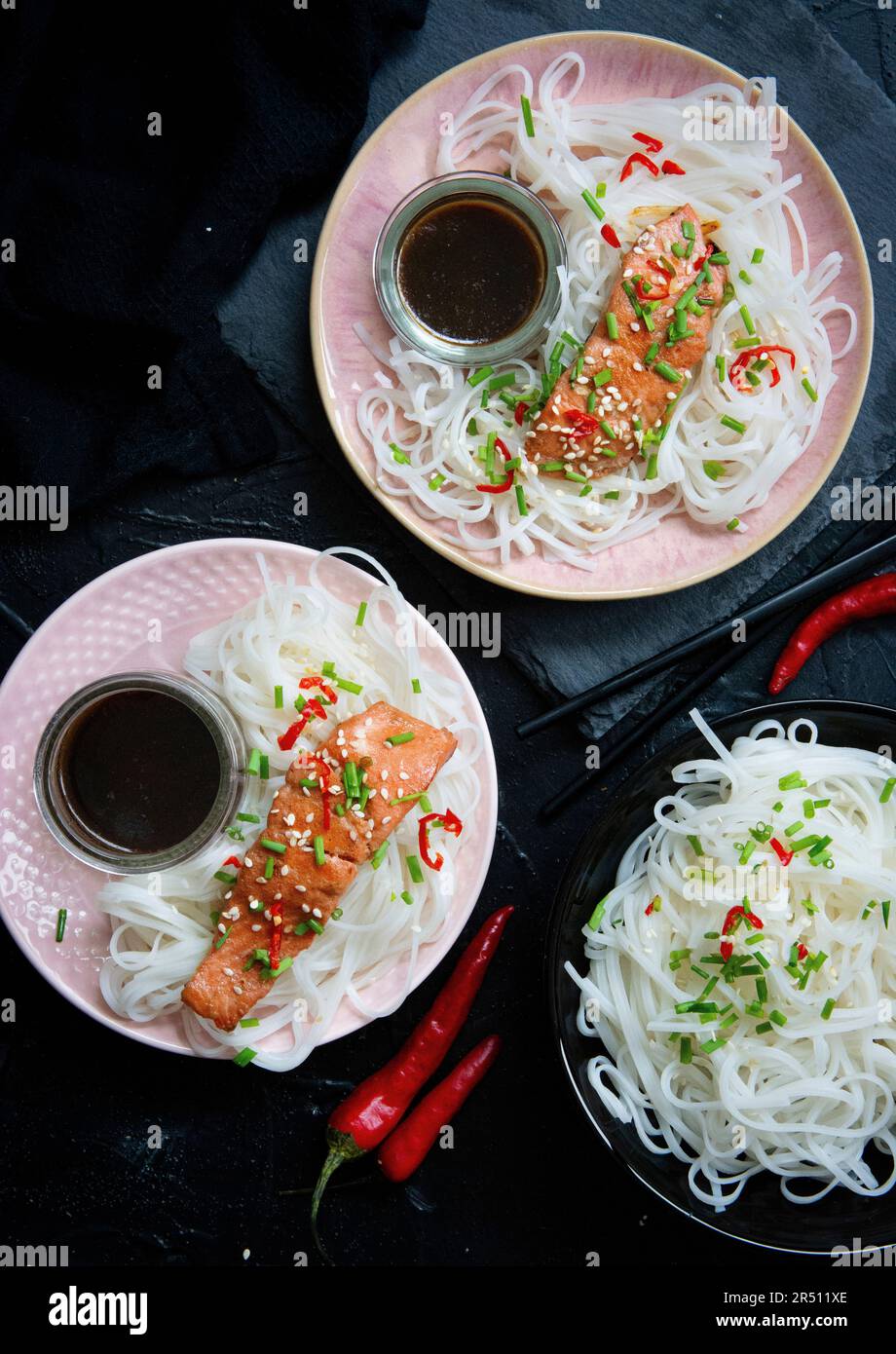 Teriyaki salmon on rice noodles (Asia Stock Photo - Alamy