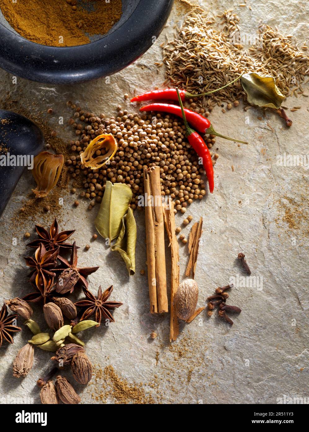 Still life with spices for curry Stock Photo