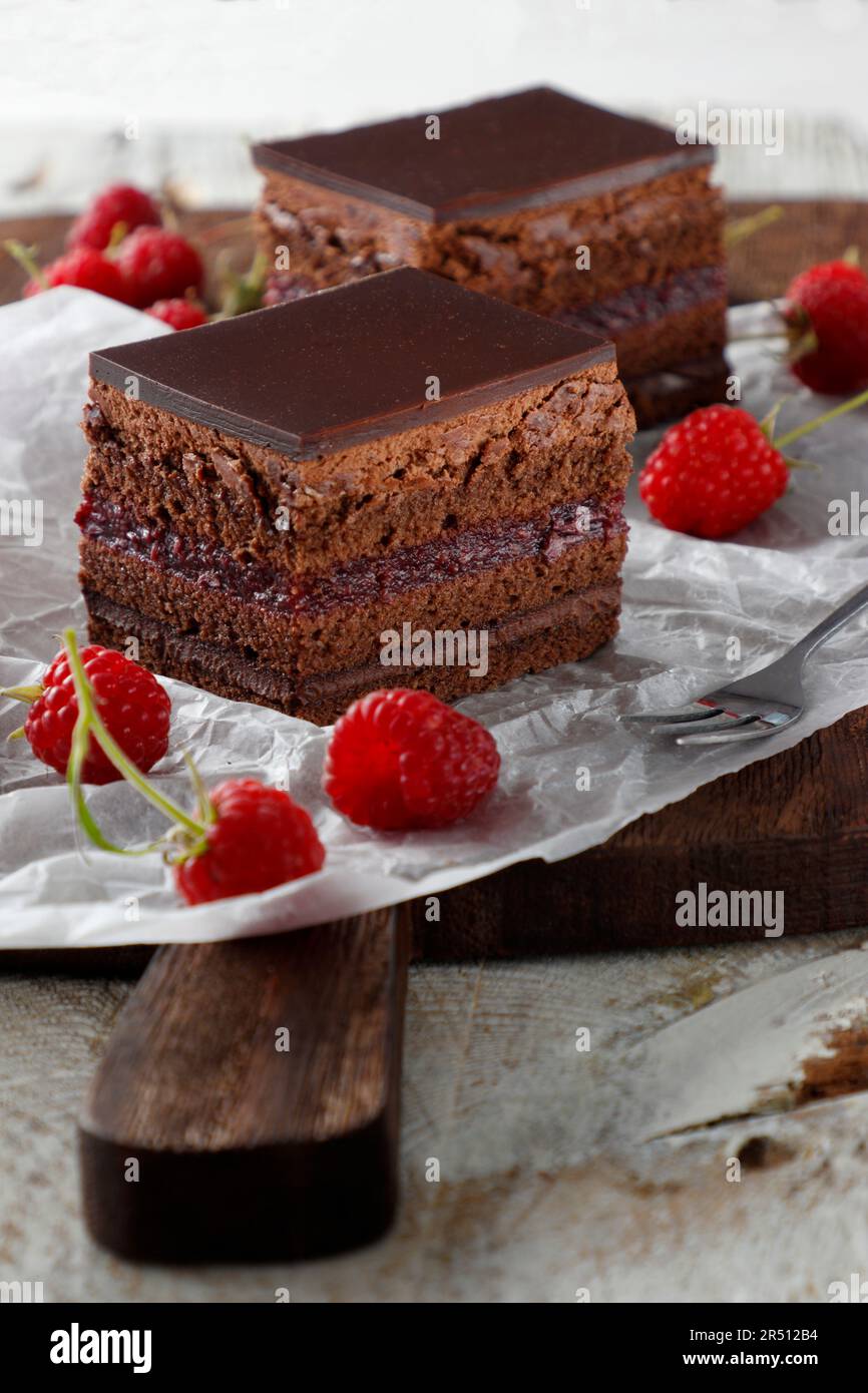 Layered chocolate cake with raspberry mousse Stock Photo