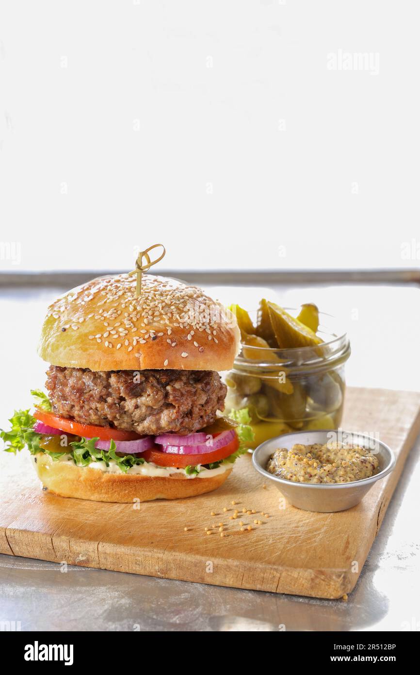 A hamburger with a homemade mustard sauce Stock Photo