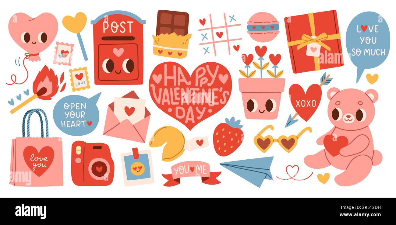 Cute set of romantic elements for Valentines day. Vector illustrations ...