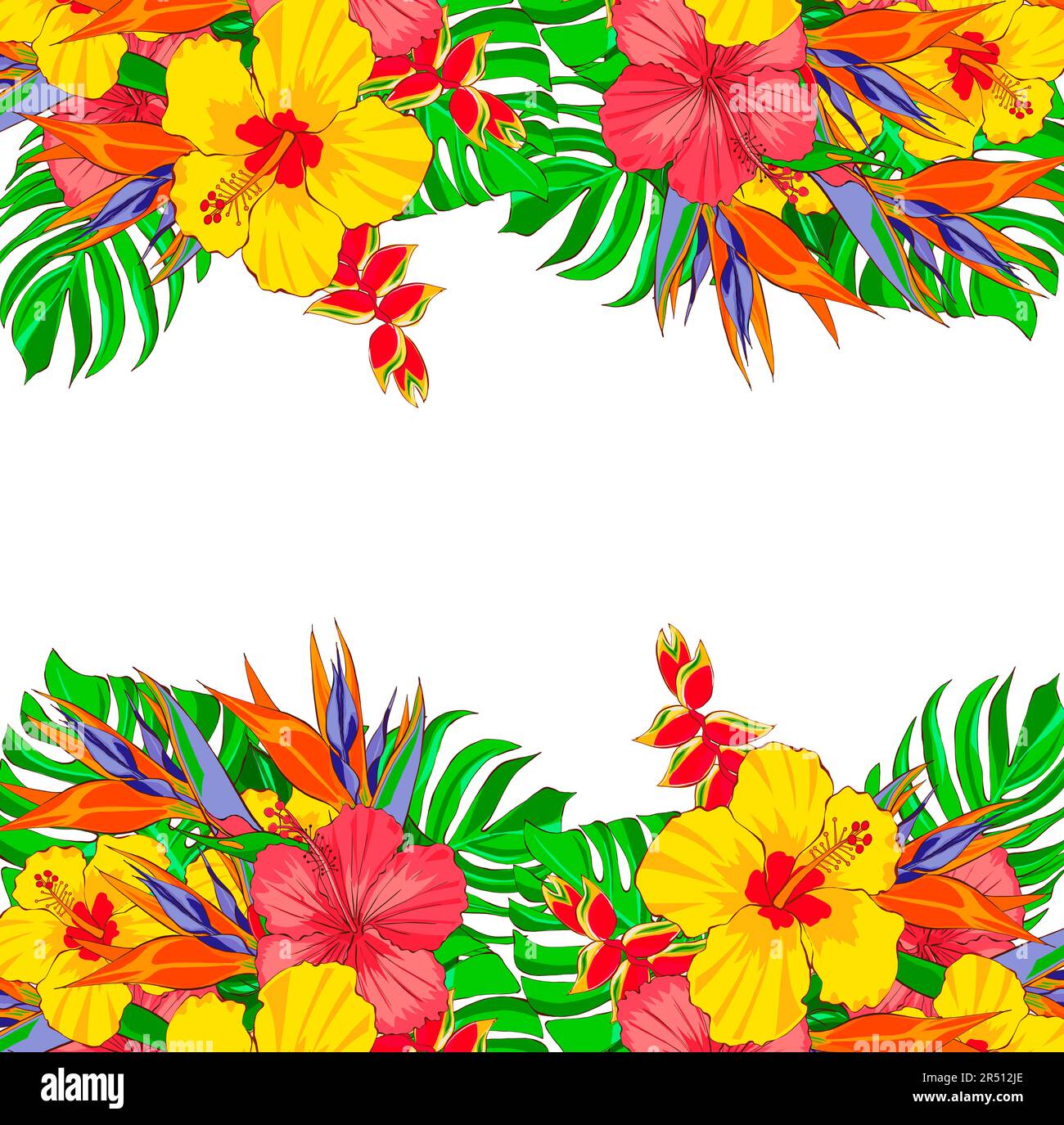 Tropical flowers and leaves. Summer template, Hand drawing illustration in flat design Stock Photo