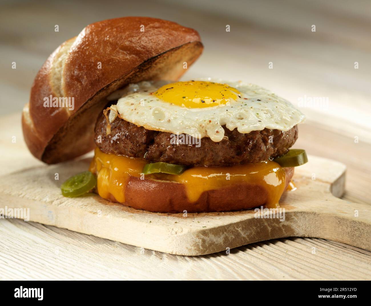 Chorizo burger with fried egg Stock Photo