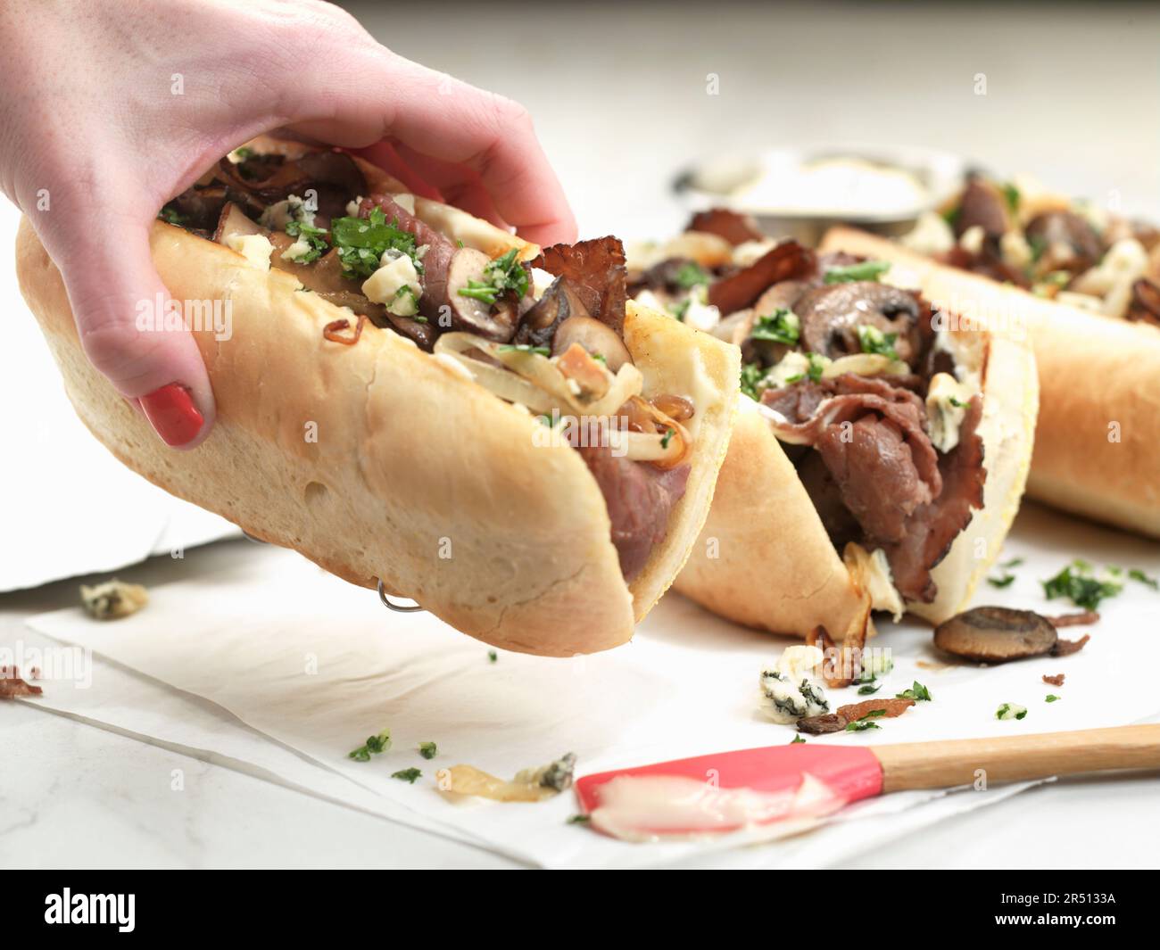 Sandwiches with mushroom, onion and cheese Stock Photo