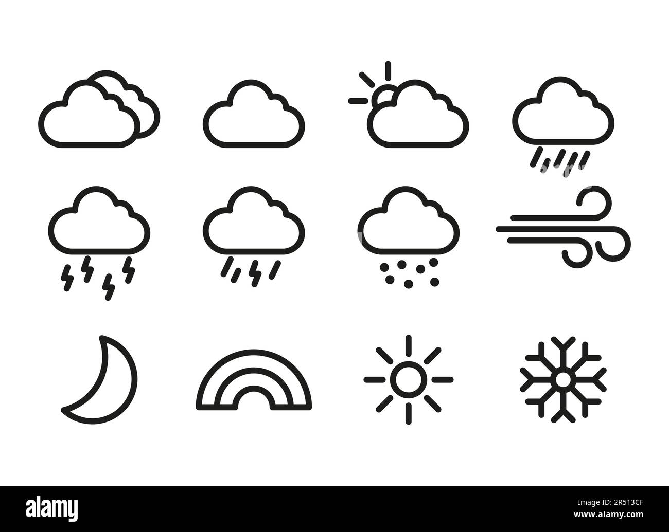Explore a variety of weather-related vector illustrations capturing different atmospheric conditions and elements, including sunny days, cloudy skies, Stock Vector