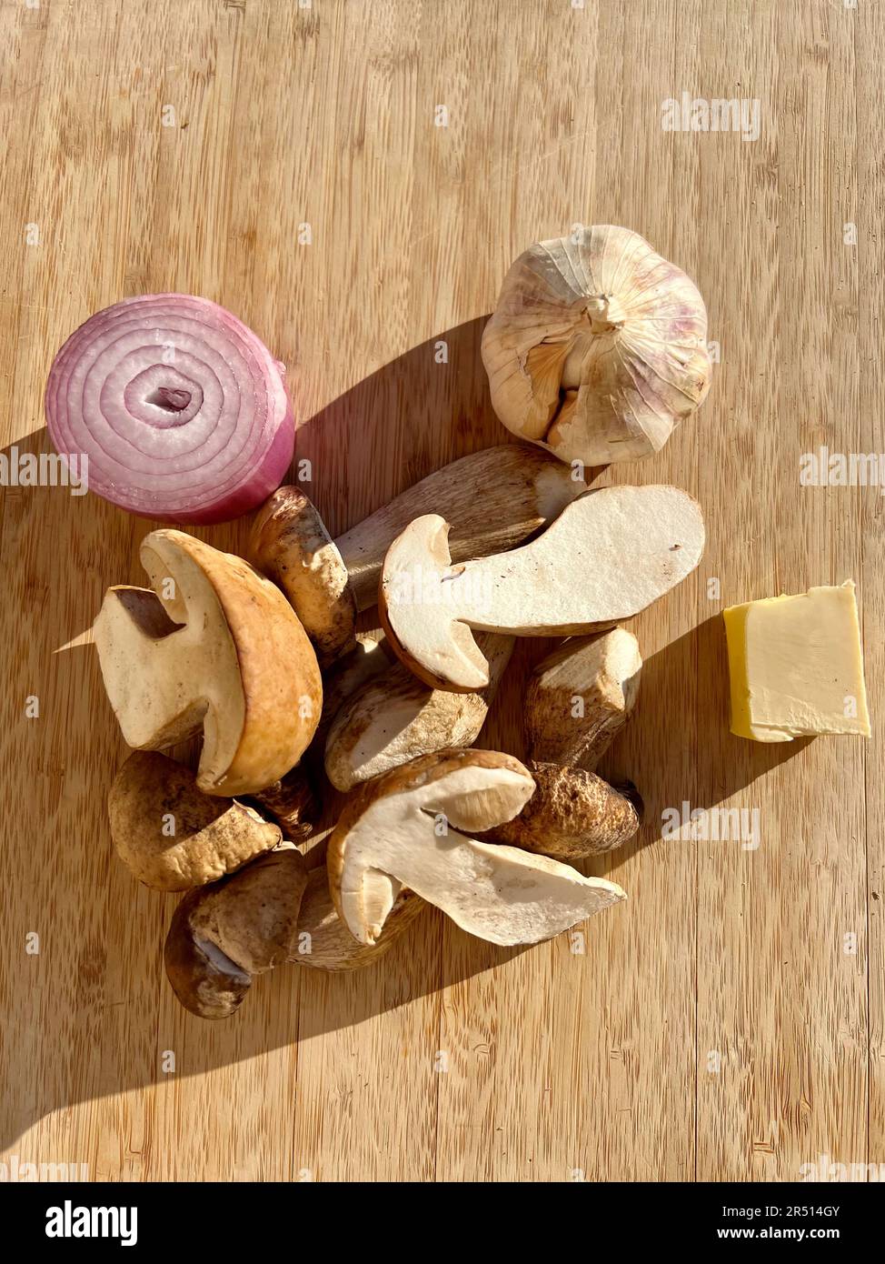 Ingredients for porcini mushroom bruschetta Stock Photo Alamy