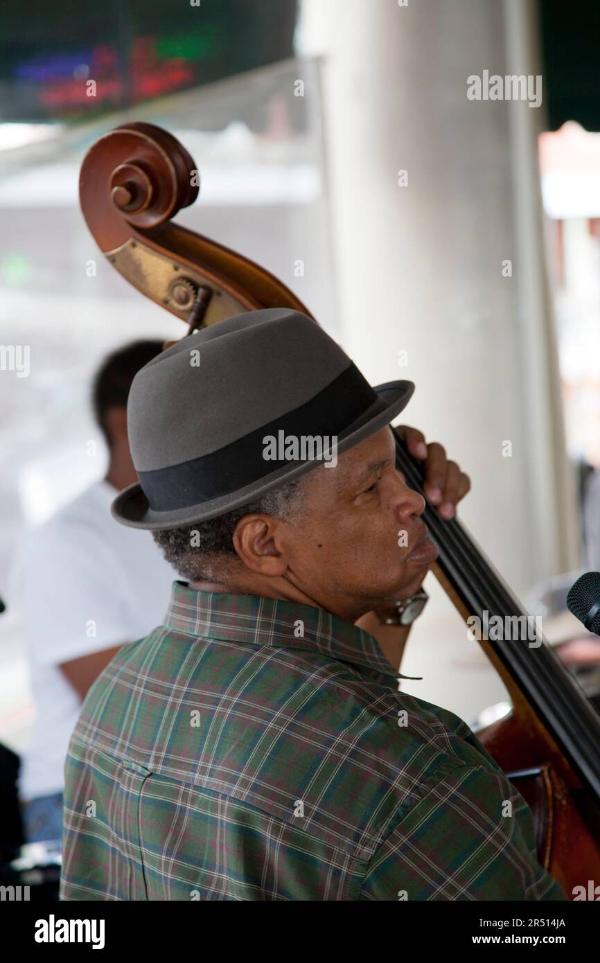 Double Bass player, jazz/blues, French quarter, Louisiana, New Orleans. Stock Photo