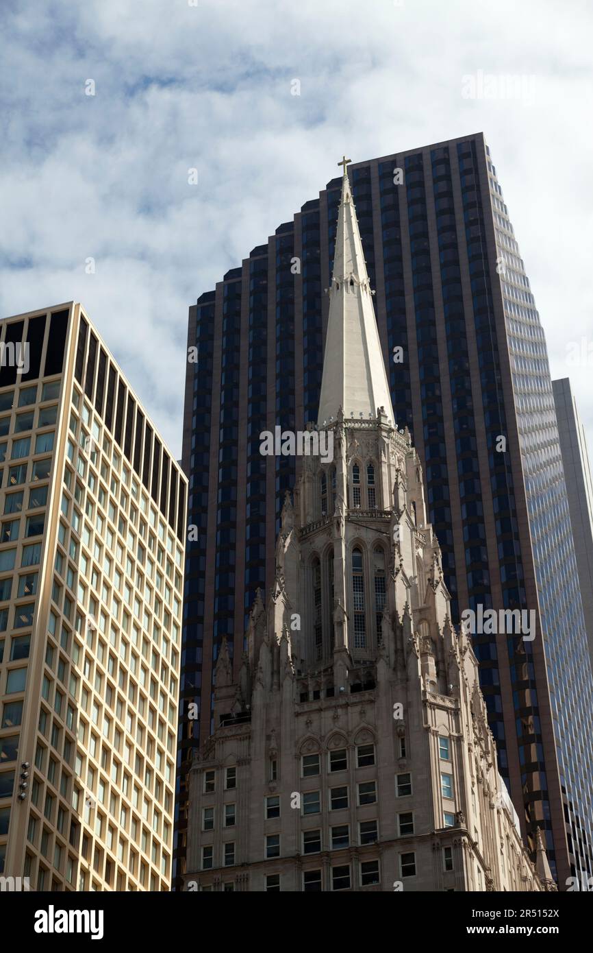 USA, Illinois, Chicago, Chicago Temple Building, First United Methodist Church along with high rise buildings. Stock Photo