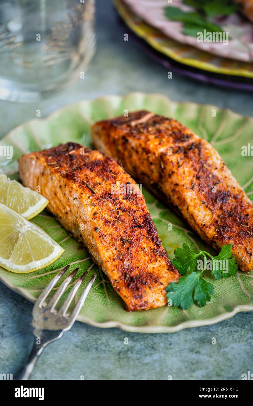 Salmon cooked in an Air Fryer Stock Photo - Alamy