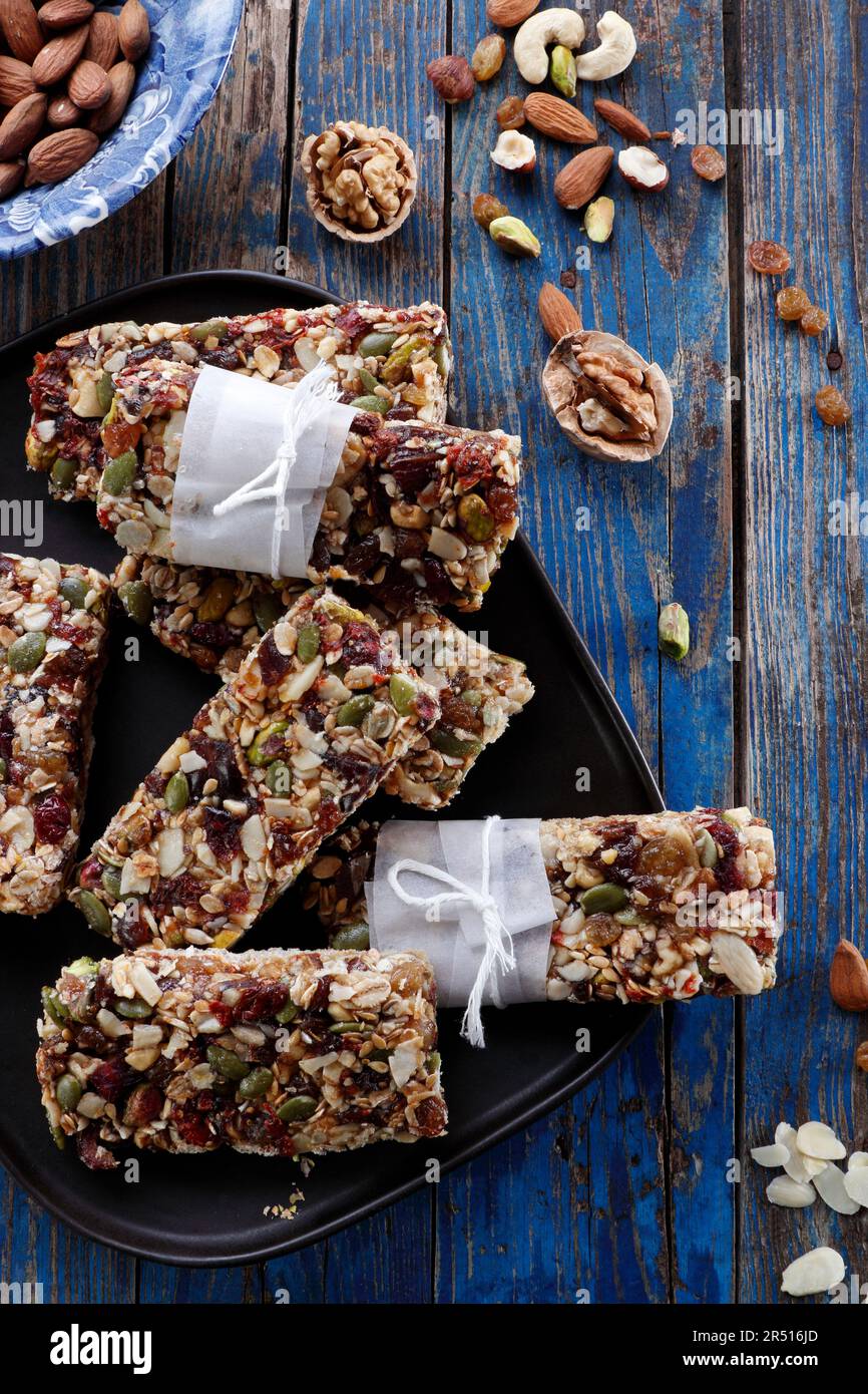 Homemade bars made of dried fruit, nuts and honey Stock Photo Alamy