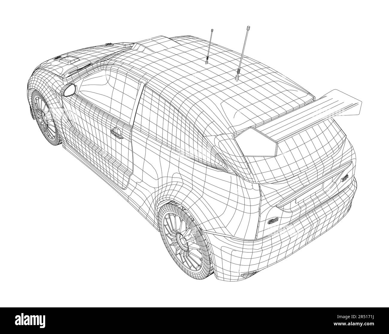 Rally car illustration vector. Wire-frame line isolated. Vector rendering of 3d Stock Vector