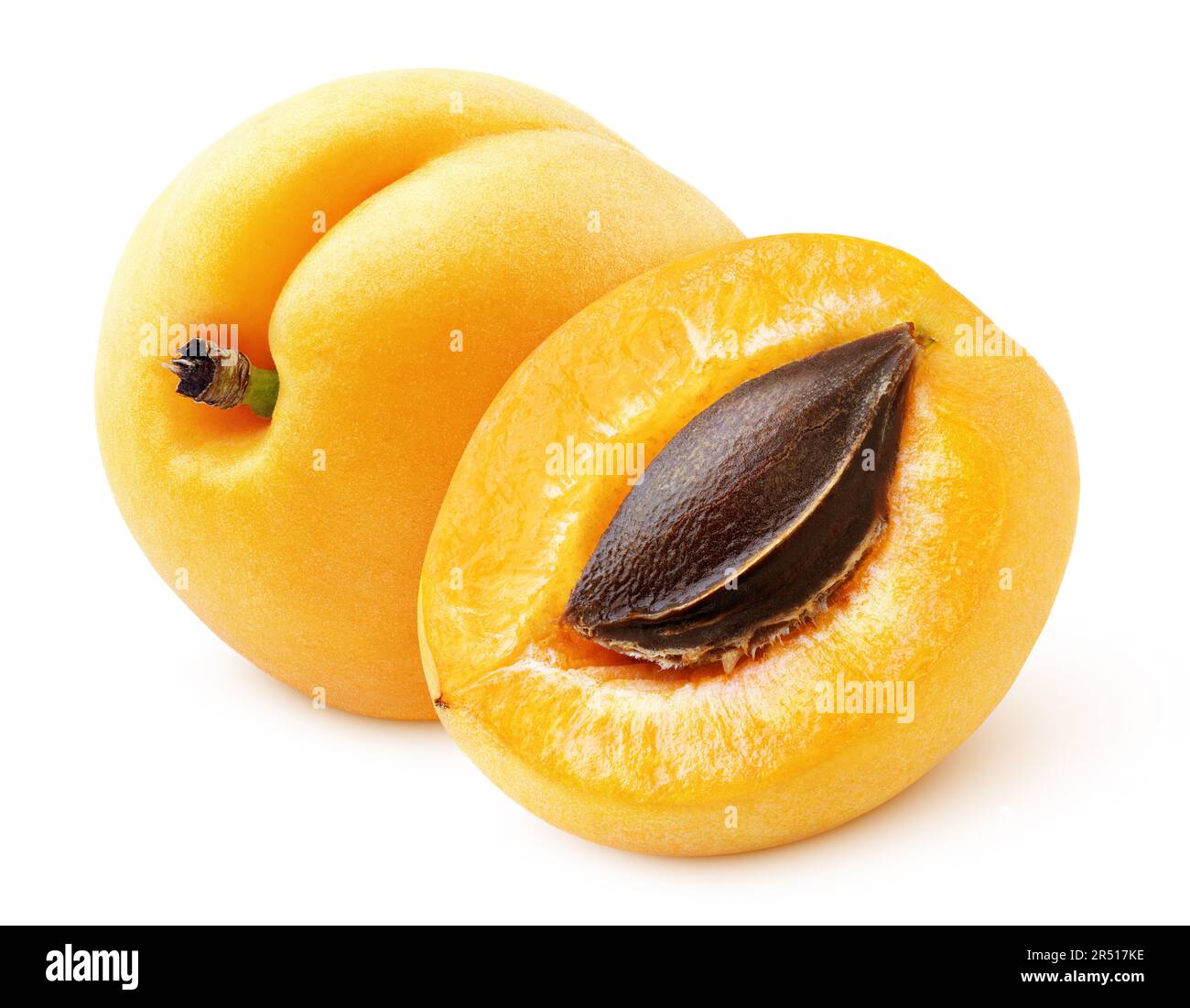 Plum Kernel Apricot or yellow plum and half with kernel isolated on white ...