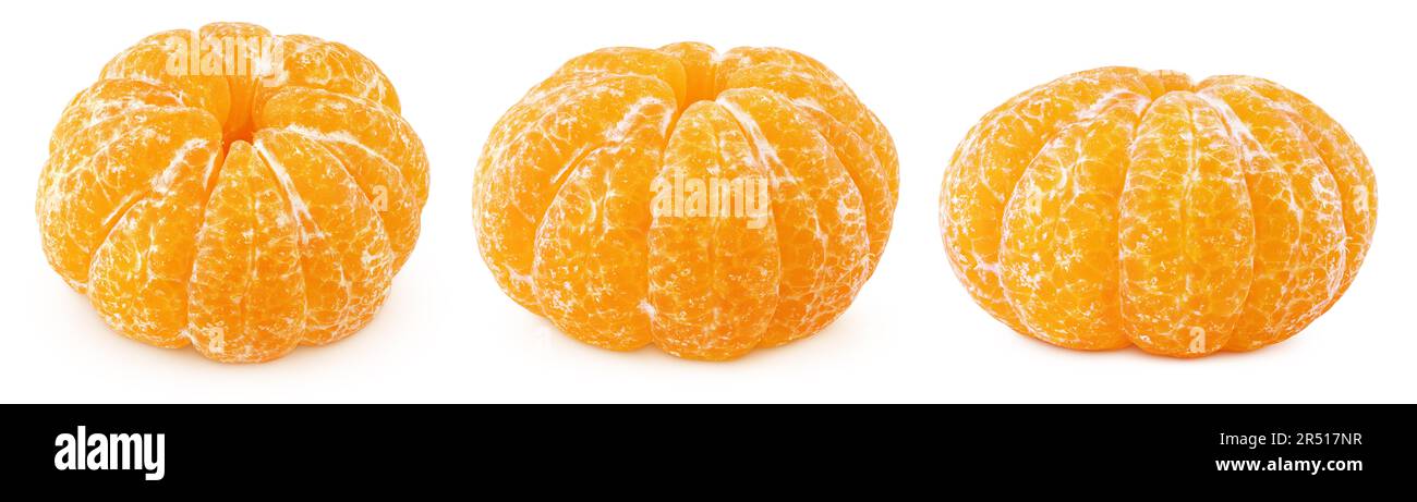 Set of whole peeled tangerines or mandarin citrus fruits isolated on white background with clipping path. Full depth of field. Stock Photo