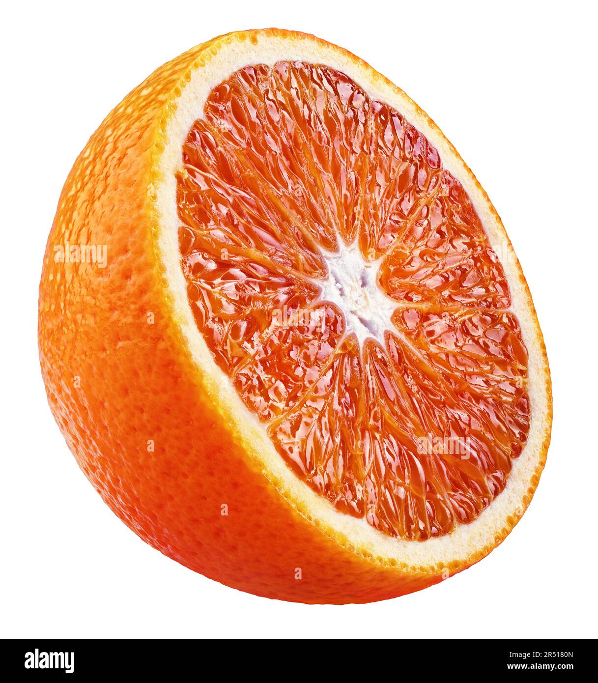 Half of blood red orange citrus fruit isolated on white background with clipping path. Full depth of field. Stock Photo