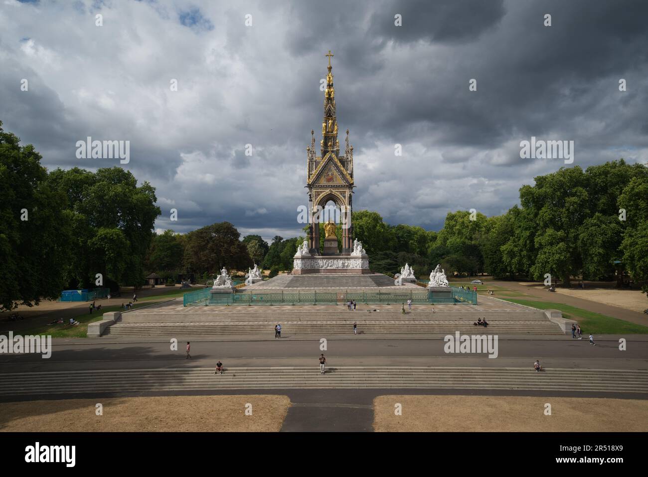 The Albert Memorial views from The Royal Albert Hall with summer storm clouds overhead Stock Photo