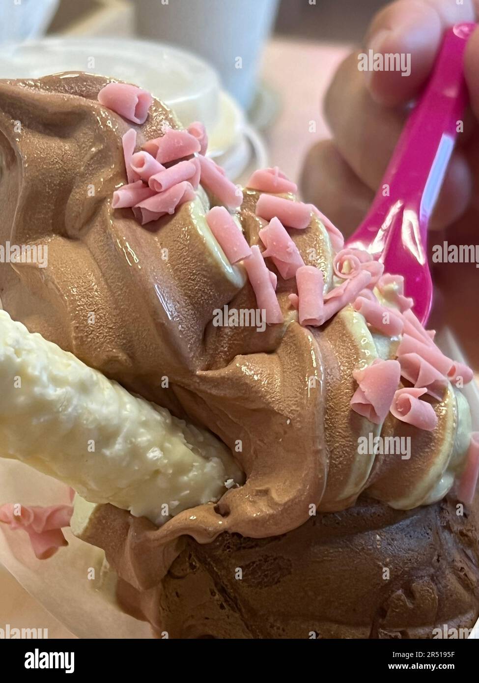 chocolate ice cream decorated with a pink spoon. Stock Photo