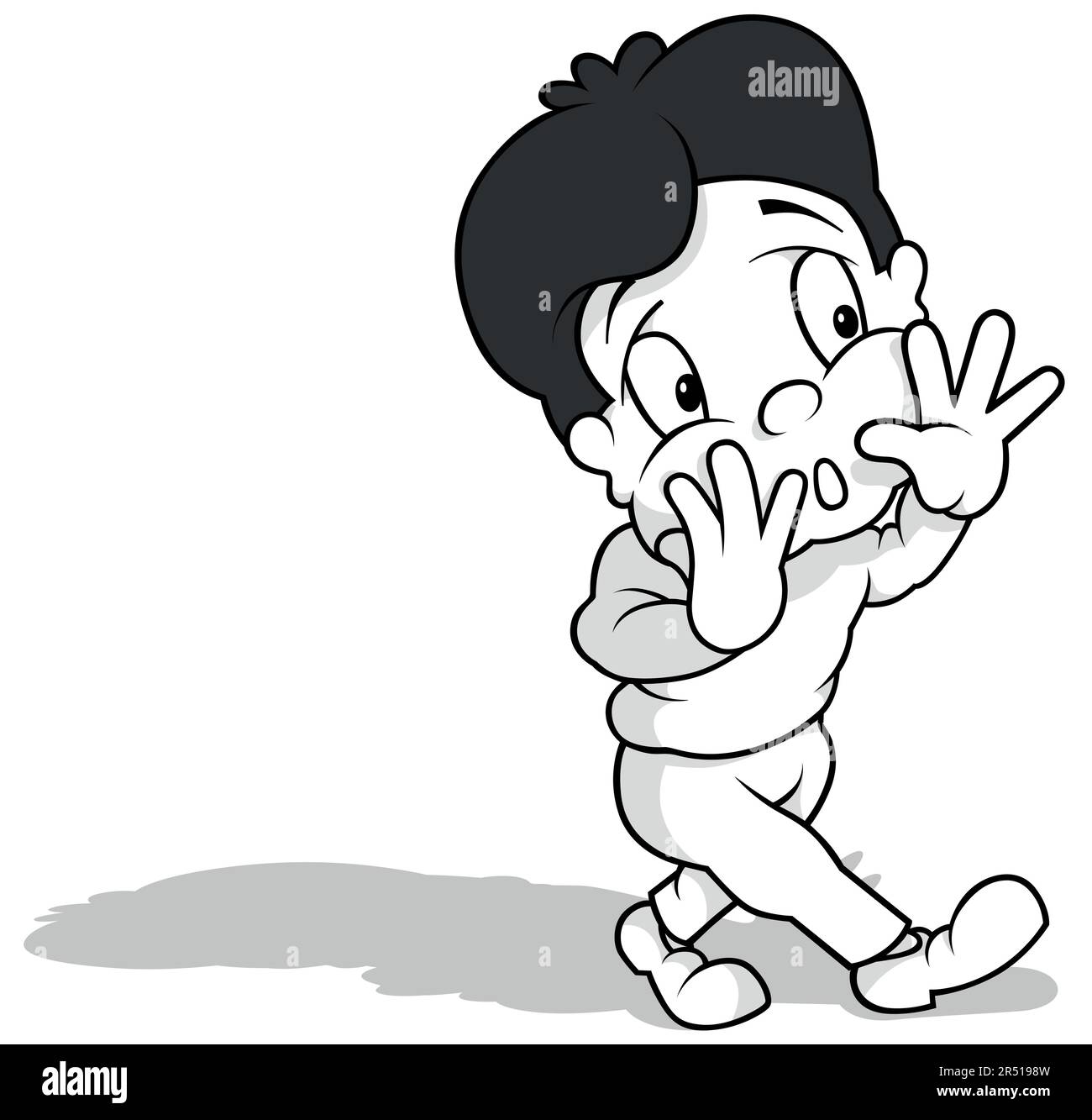 Drawing of a Boy Shouting and Looking for Someone Stock Vector