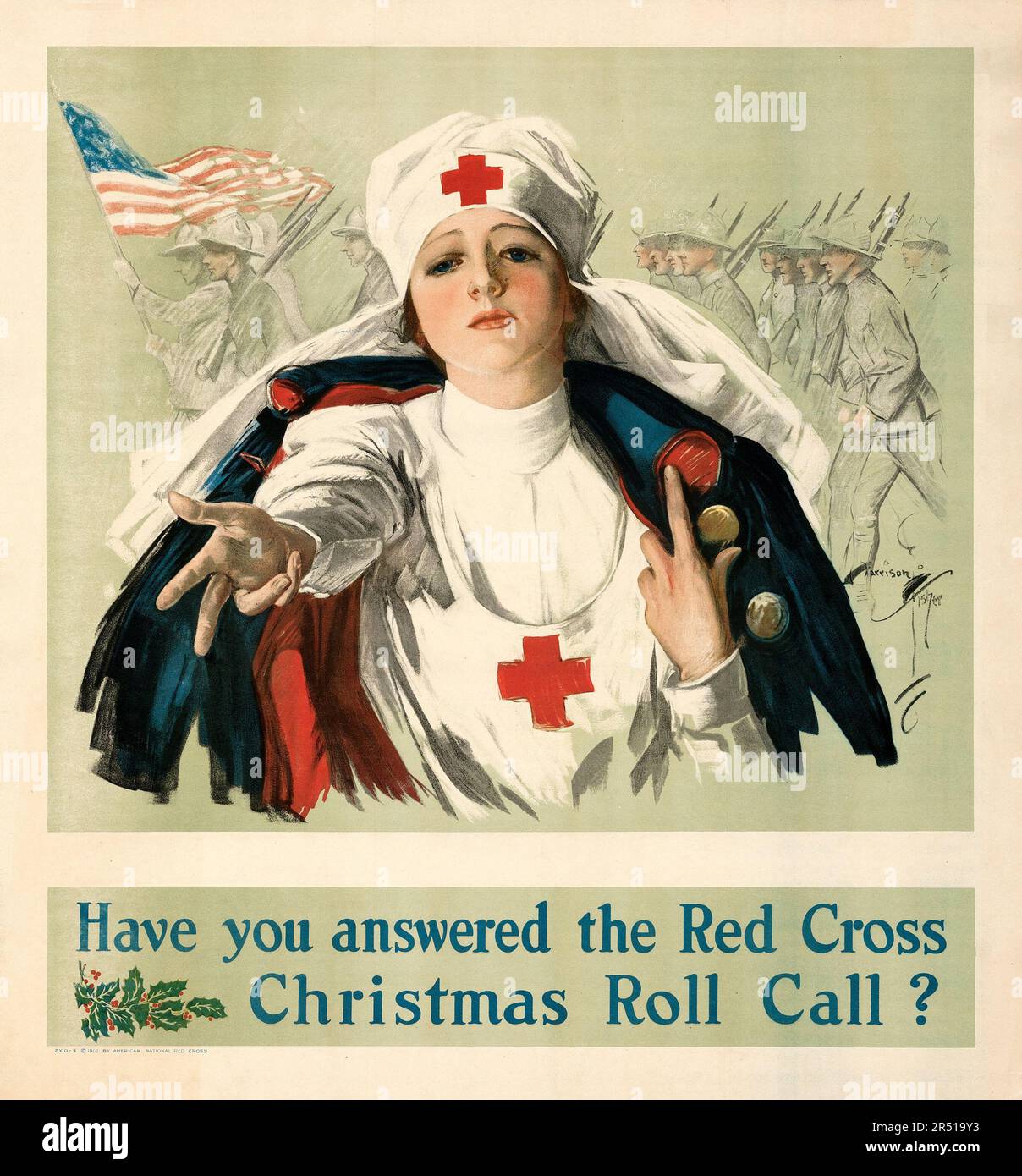 American World War I Propaganda (American National Red Cross, 1918) 'Christmas Roll Call.' Harrison Fisher Artwork feat a nurse in front of soldiers Stock Photo