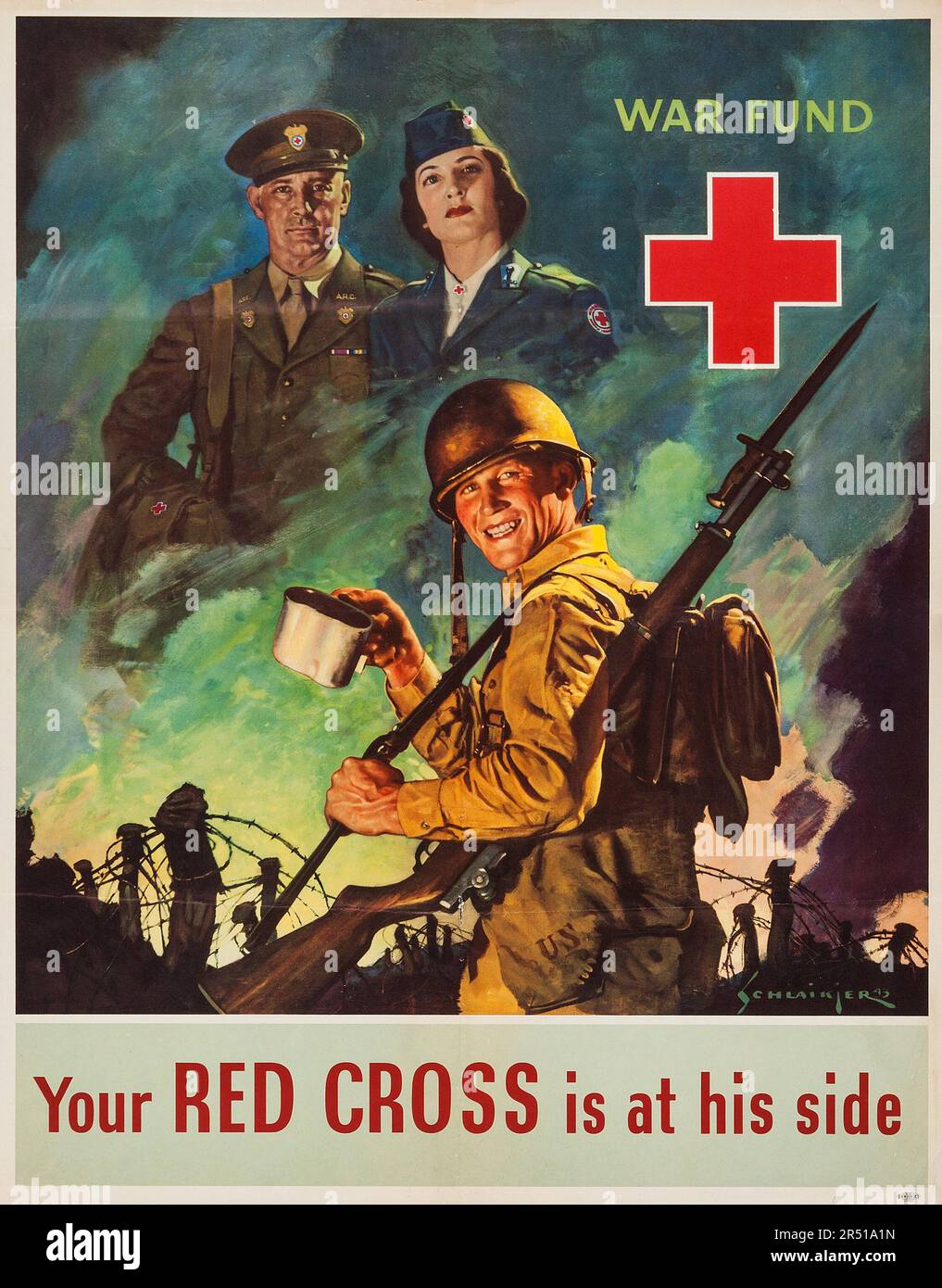 World War II Red Cross War Fund Poster (American Red Cross, 1943) "Your Red Cross is At His Side" Stock Photo