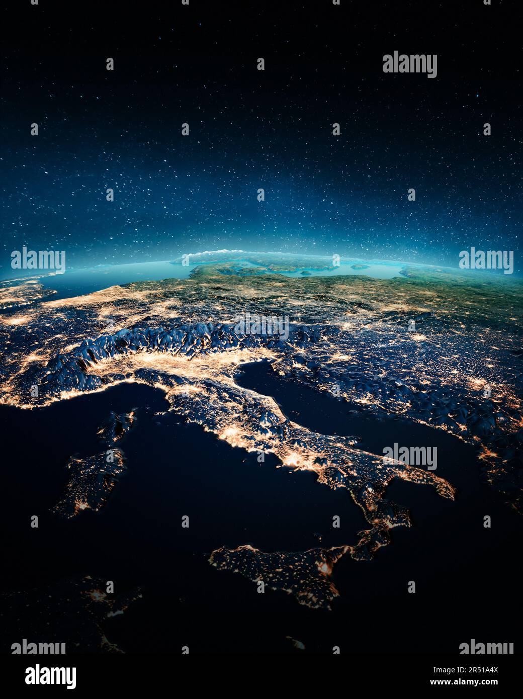 Italy city lights from space. Elements of this image furnished by NASA. 3d rendering Stock Photo