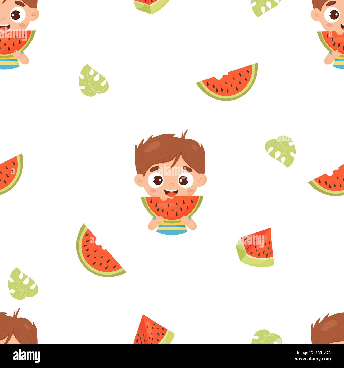 Summer seamless pattern with cute boy with watermelon on white ...