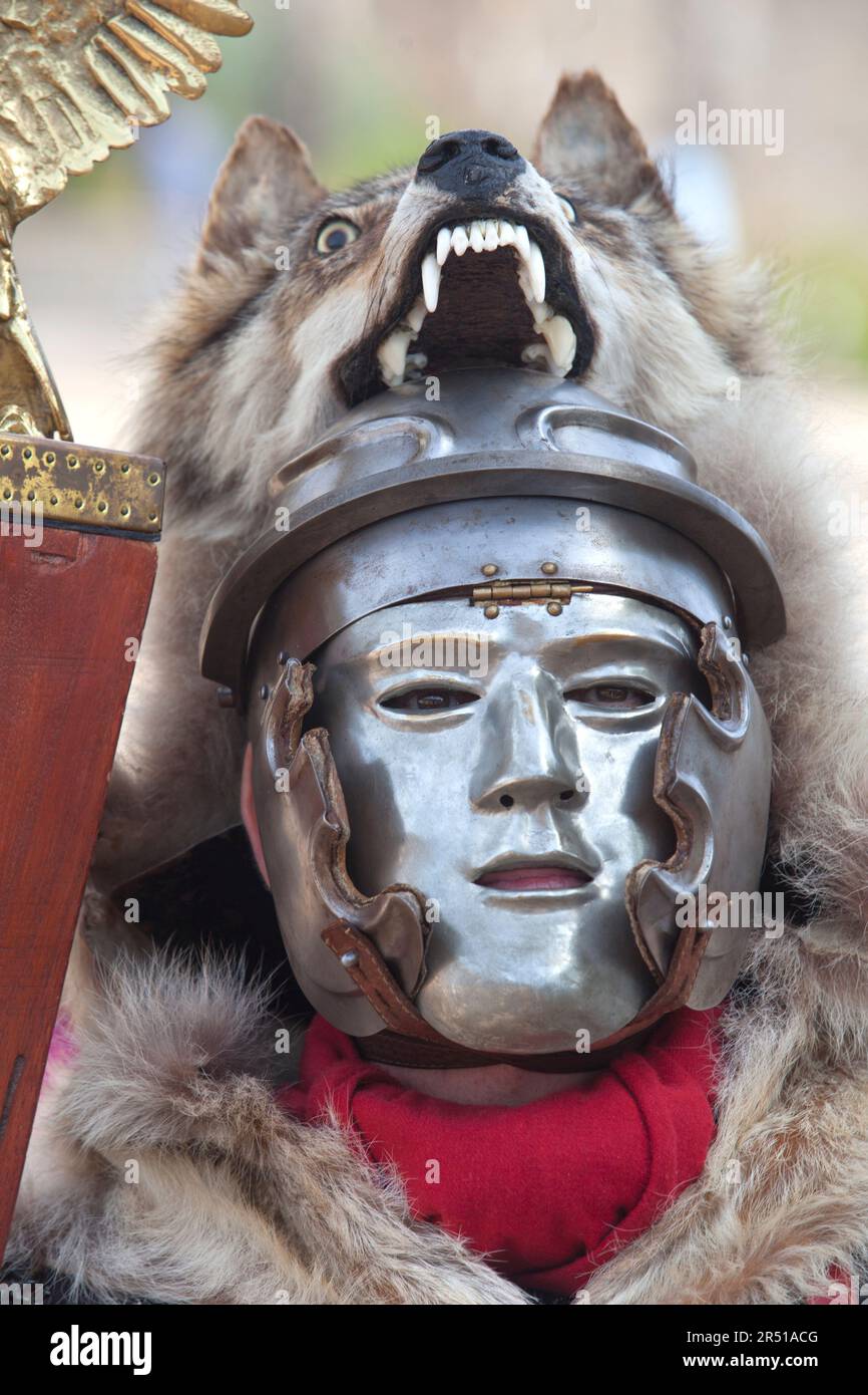 Centurion wearing military face mask. Roman military personal equipment replica Stock Photo