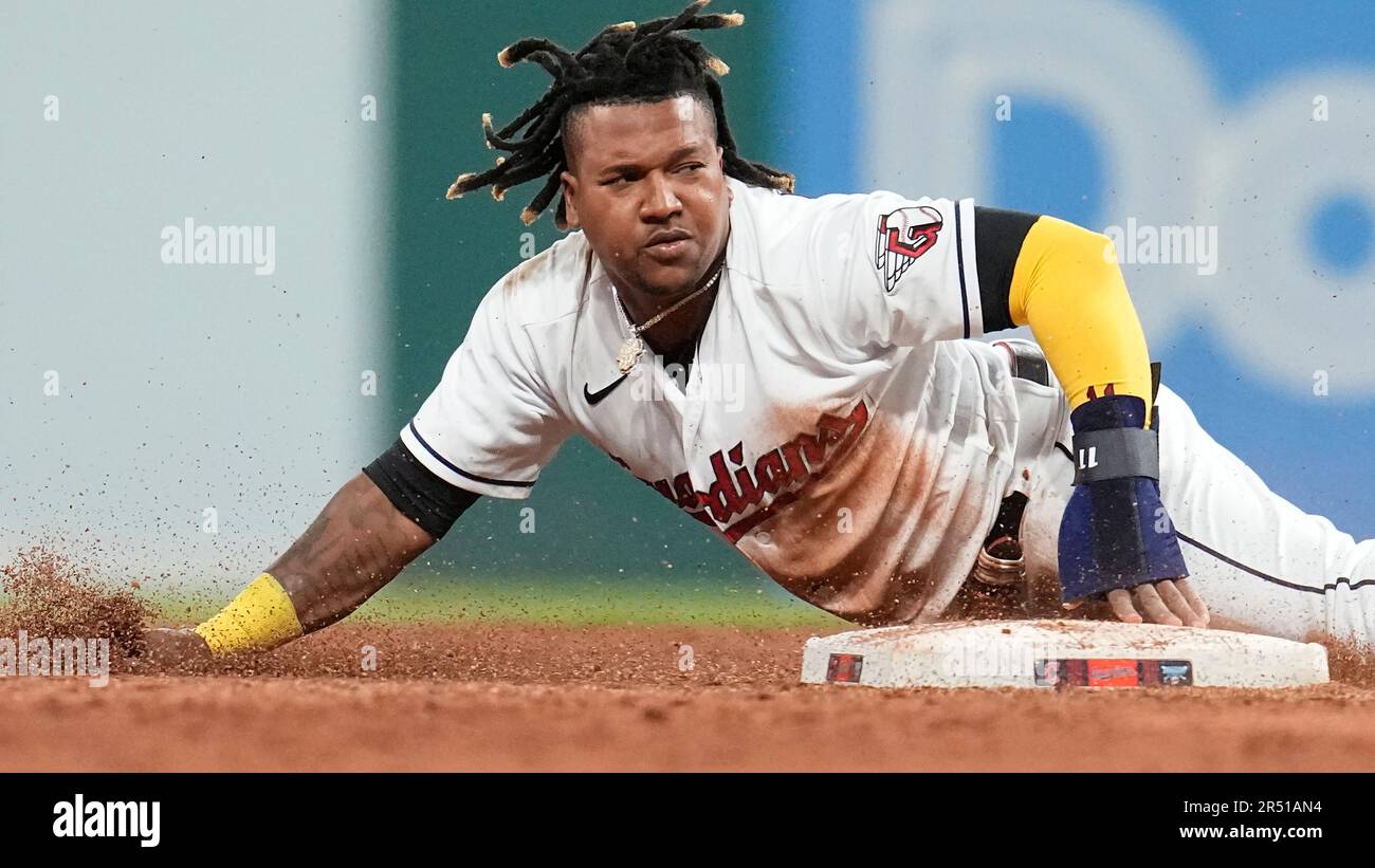 Cleveland Guardians' Jose Ramirez (11) is out as he slides into second base  in the eight inning of a baseball game against the St. Louis Cardinals,  Friday, May 26, 2023, in Cleveland. (