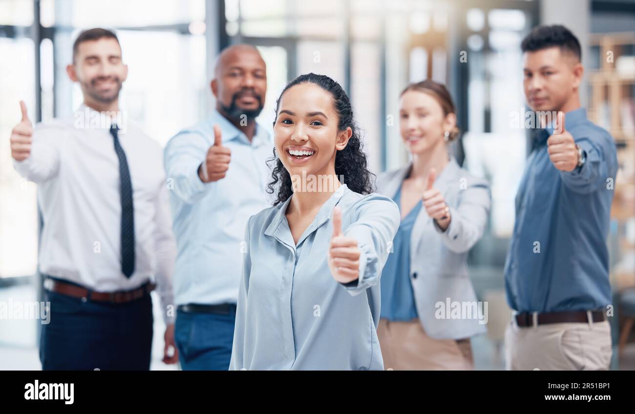Smile, group of business people in portrait with thumbs up and pride at ...