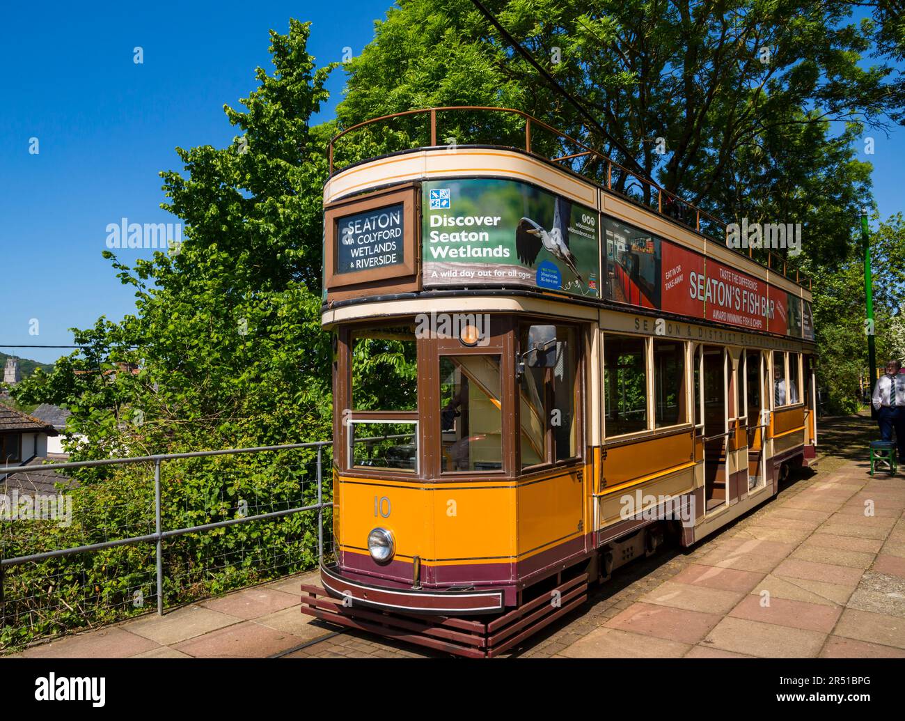 open top double decker tram number 10 ten, Seaton Tramway electric, running between Seaton and Colyton at Devon, UK in May Stock Photo