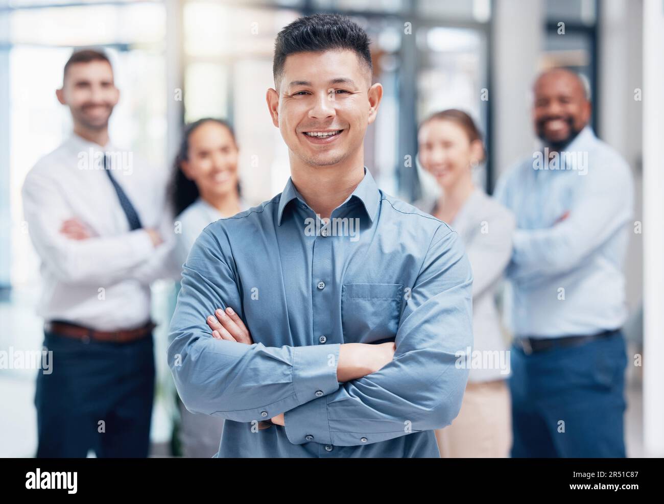 Smile, business people in portrait with arms crossed and boss at ...