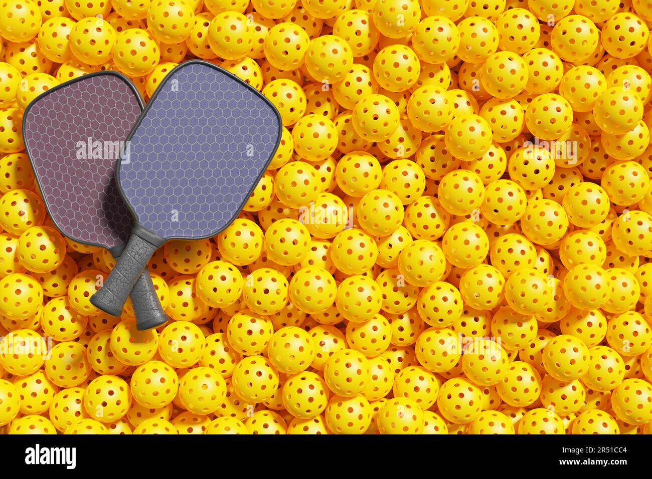 Pickleball Two rackets lie on a large pile of multicolored sports balls  3D rendering Stock Photo  Alamy
