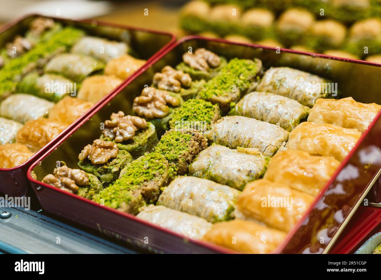 Traditional Turkish Baklava on display in dessert store. Turkish ...