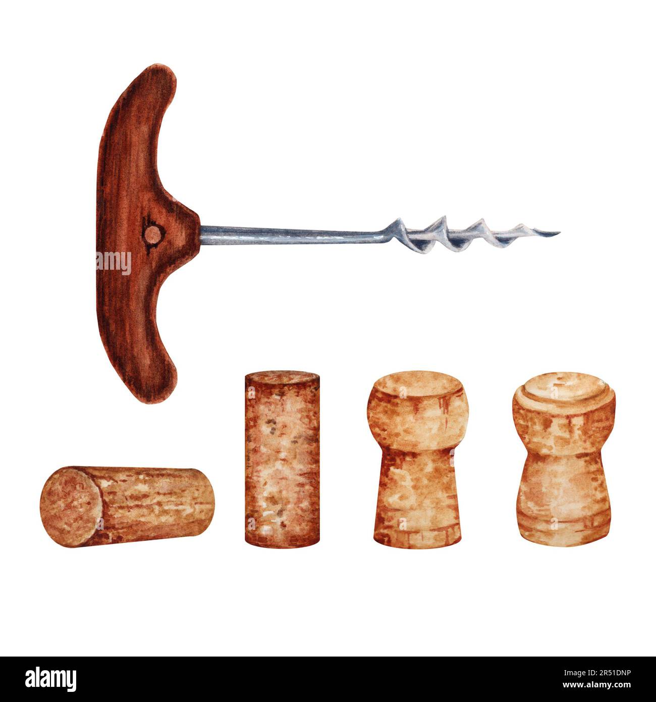 Corkscrew and wine bottle corks isolated on white background. A hand