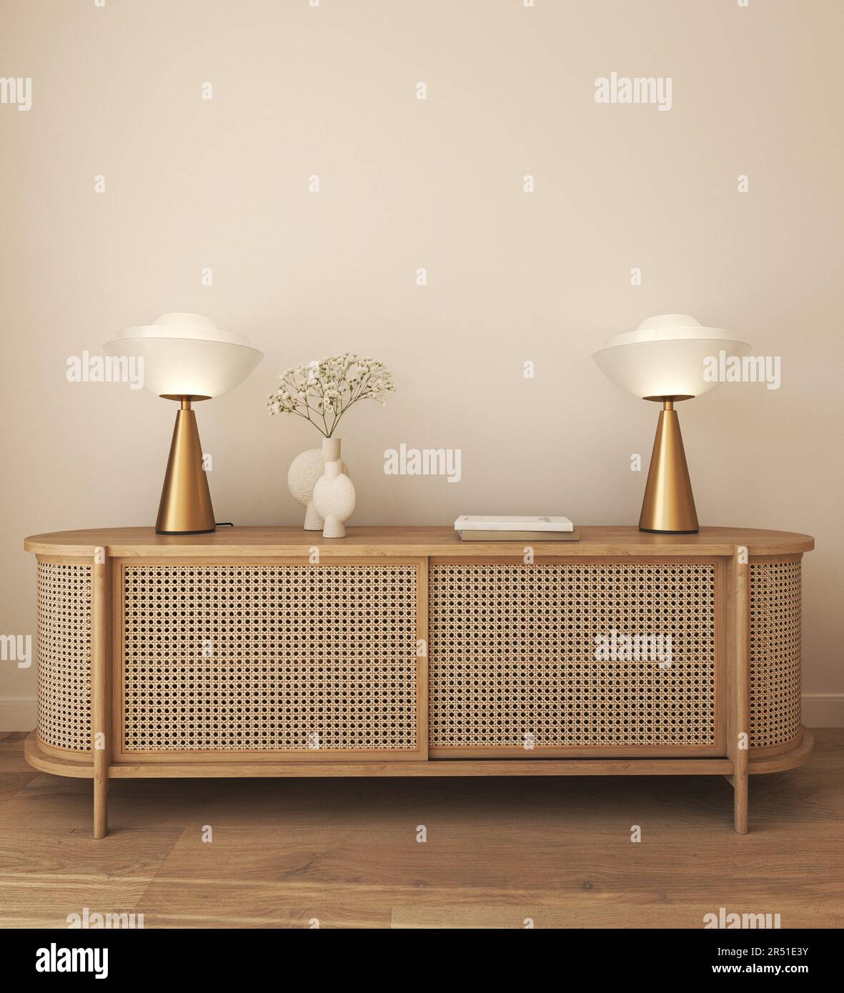 Commode with book, vase and lamp in livingroom interior. Light beige ...