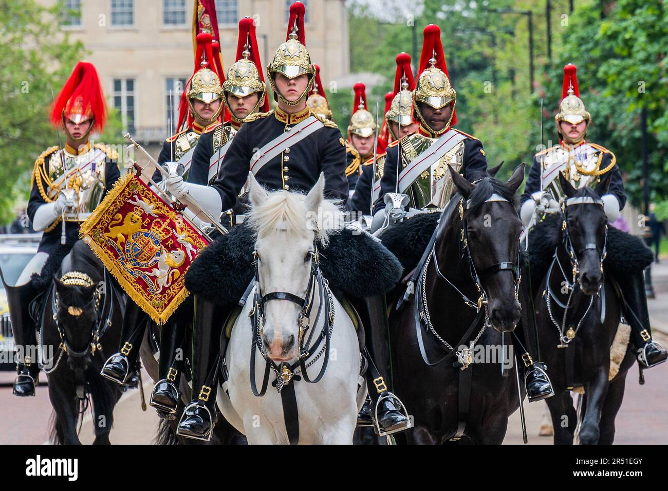 London, UK. 31st May, 2023. The Blues and Royals, part of the Household Cavalry Regiment, return to their barracks in Hyde Park afterchanging the guard at Horse Guards. Credit: Guy Bell/Alamy Live News Stock Photo