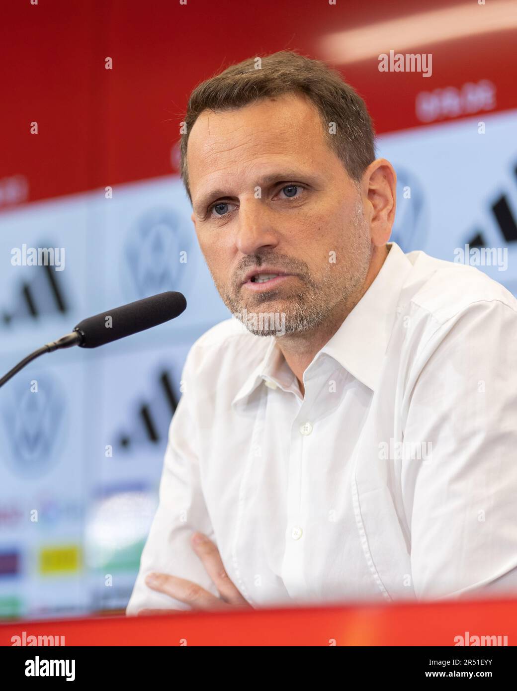 Frankfurt Am Main, Germany. 31st May, 2023. Soccer: Women, national team, Germany, press conference with announcement of preliminary World Cup squad at DFB campus. Panagiotis Chatzialexiou, Sporting Director National Teams, speaks to media representatives at the press conference. Credit: Jürgen Kessler/dpa/Alamy Live News Stock Photo