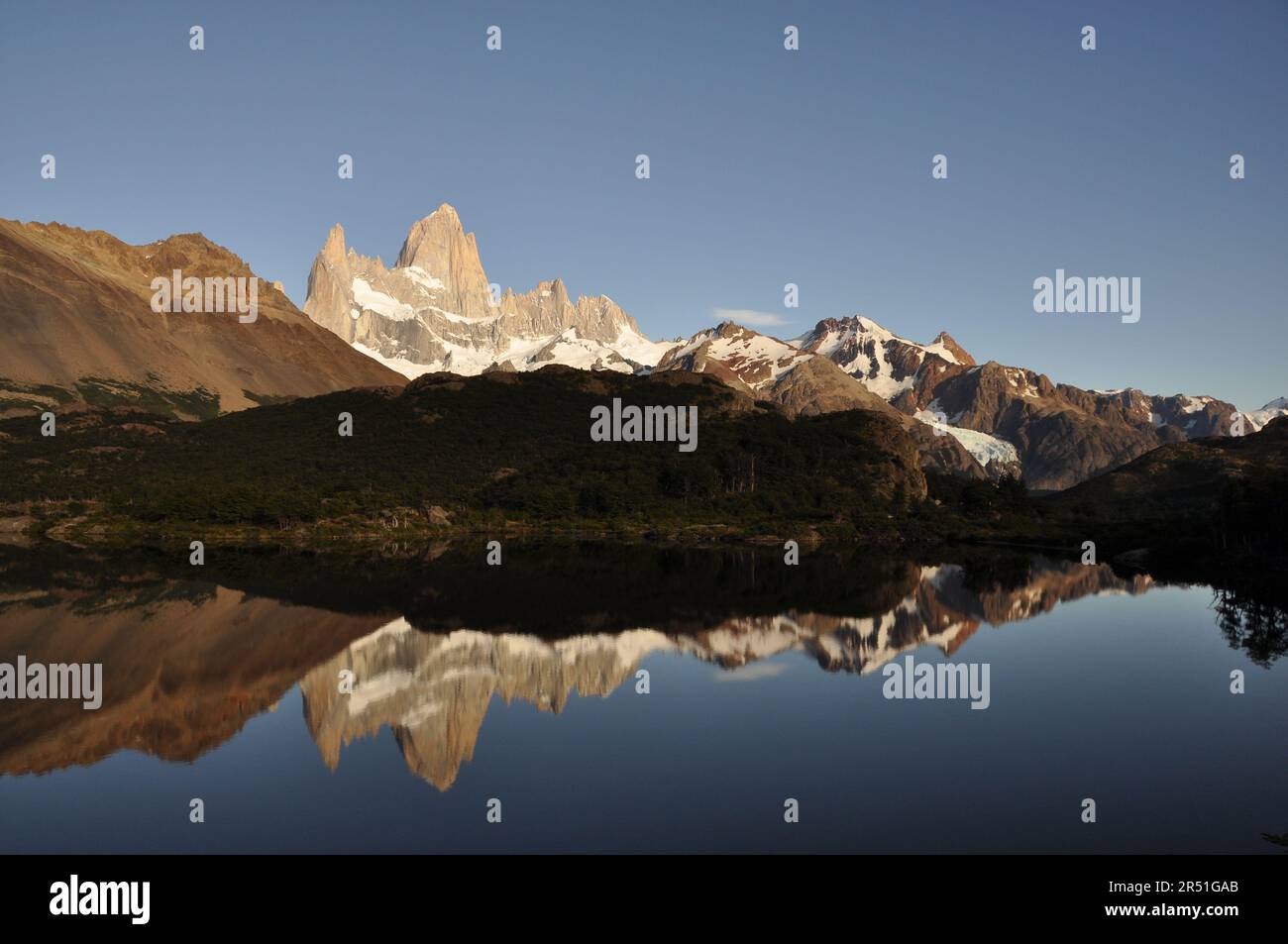 Fitz Roy mountain reflected on a lake in El Chalten, Patagonia, Argentina Stock Photo