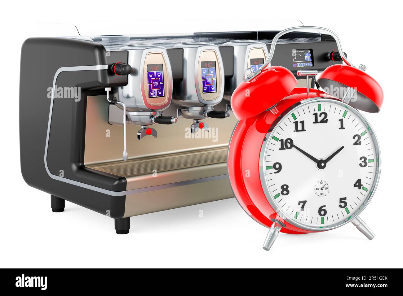 Espresso coffee machine professional with alarm clock, 3D rendering isolated on white background