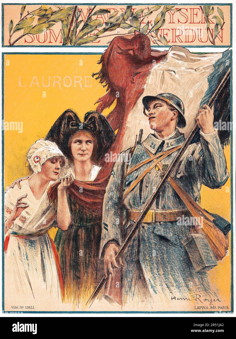 French World War I Propaganda (Lapina,1910s). French Moyenne - 'Marne, Yser, Somme, Verdun - L'aurore,' French soldier with French flag - Henri Royer Artwork Stock Photo