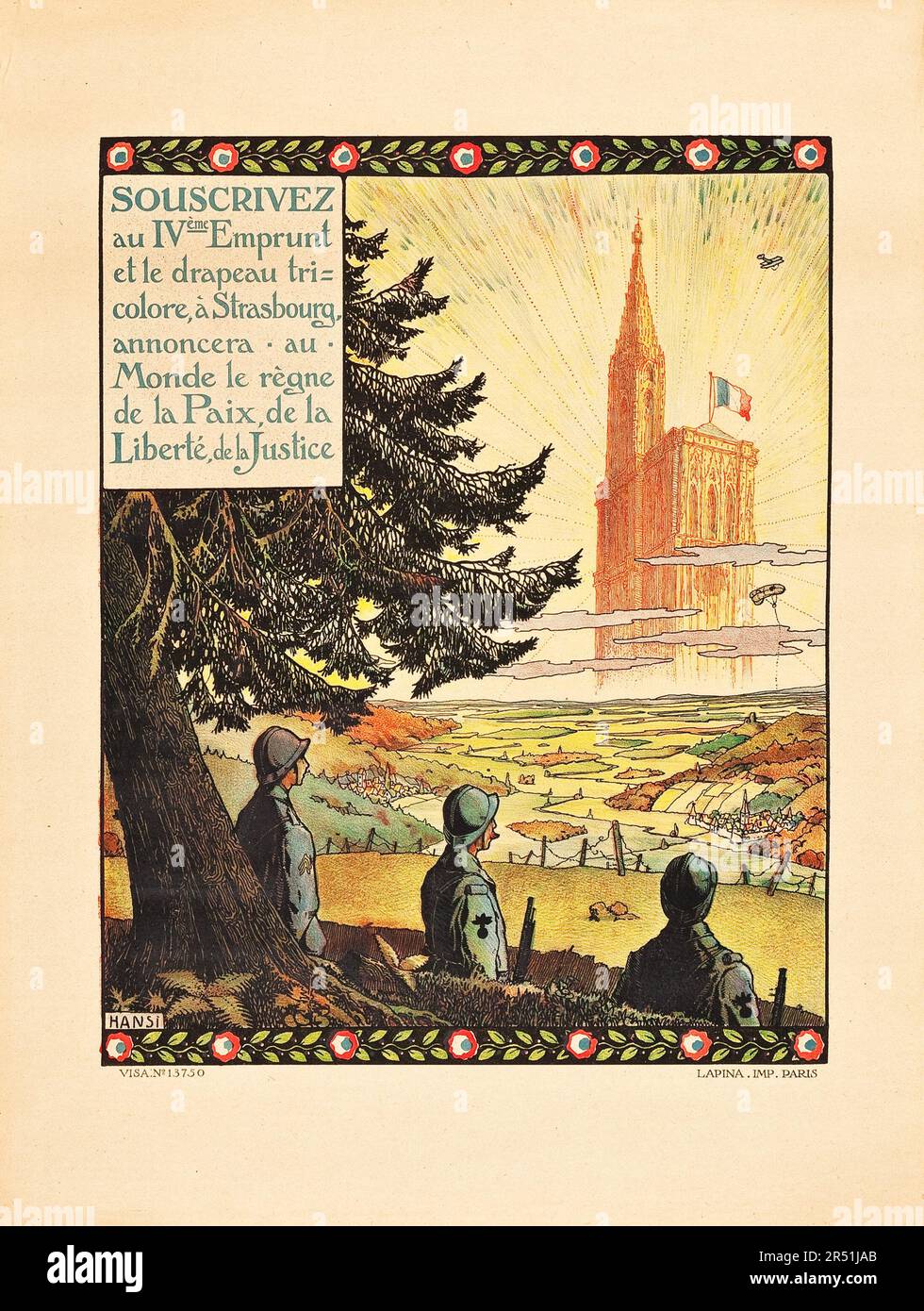 World War I Fourth War Loan (Lapina, 1918). French Propaganda Poster feat french soldiers and a church - Hansi artwork Stock Photo