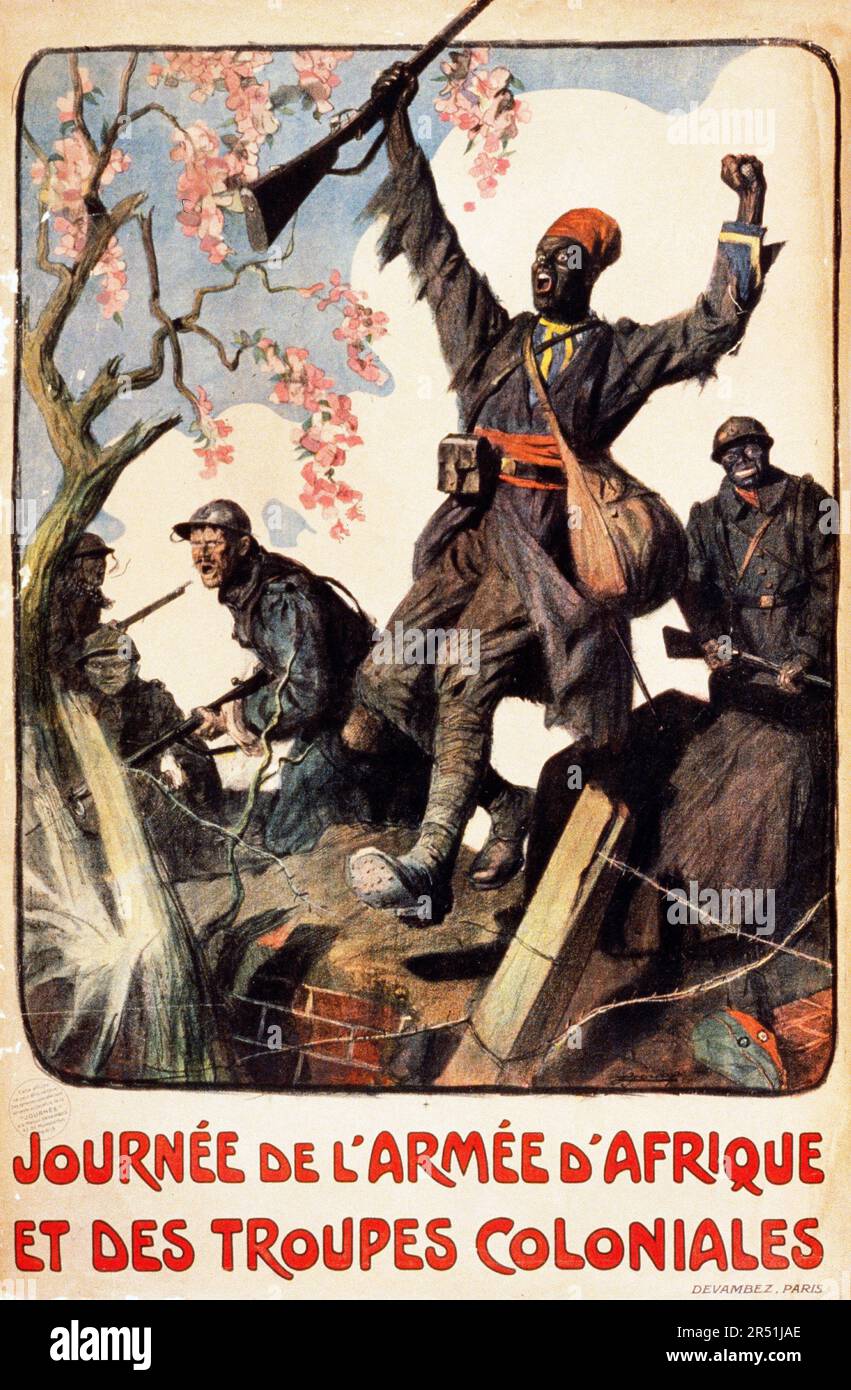 World War I propaganda - African Army and Colonial Troops Day - French soldiers with black soldiers from Africa and the colonies - Jonas, Lucien, 1880-1947, artist, 1917 Stock Photo