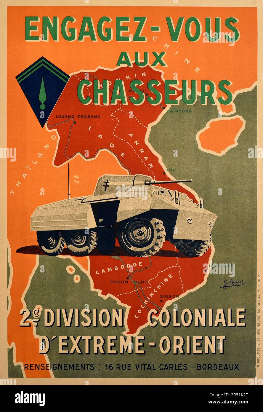 Vintage Poster French Colonial Troops War Recruitment Cambodia Vietnam - Join the Hunters of the 2nd Colonial Division of the Far East - 1940s Stock Photo