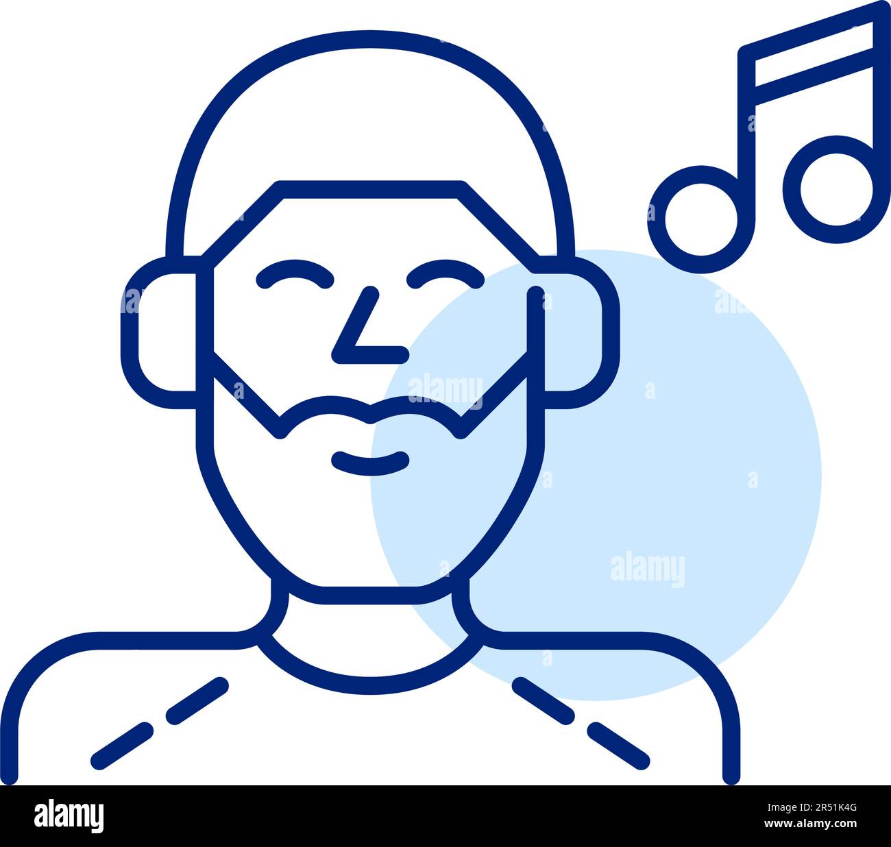 Young man listening to music in headphones. Relaxation and entertainment. Pixel perfect, editable icon Stock Vector