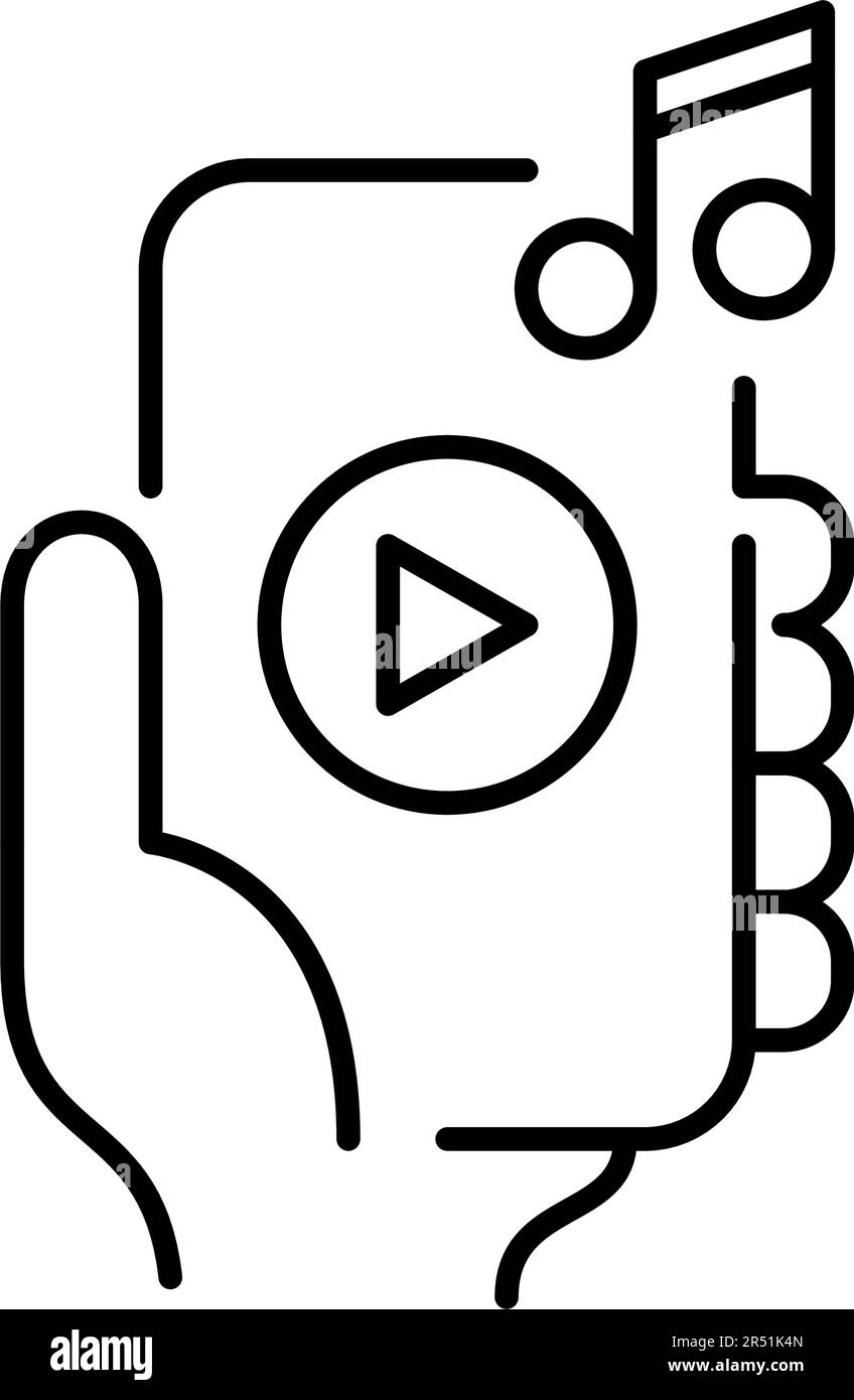 Music player app interface. Hand holding smartphone with play button