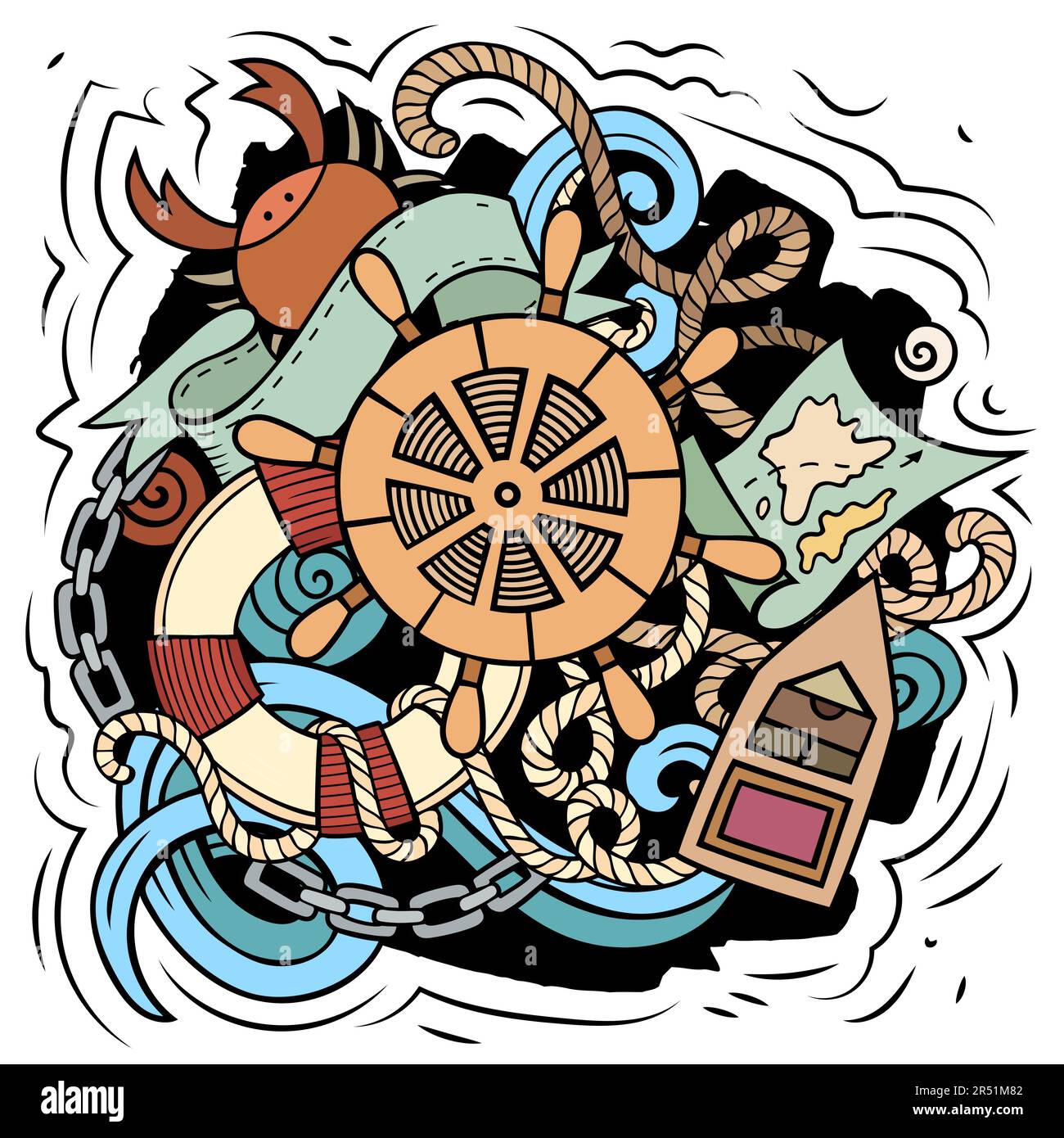 Nautical cartoon vector illustration. Colorful detailed composition with lot of Marine objects and symbols. All items are separate Stock Vector