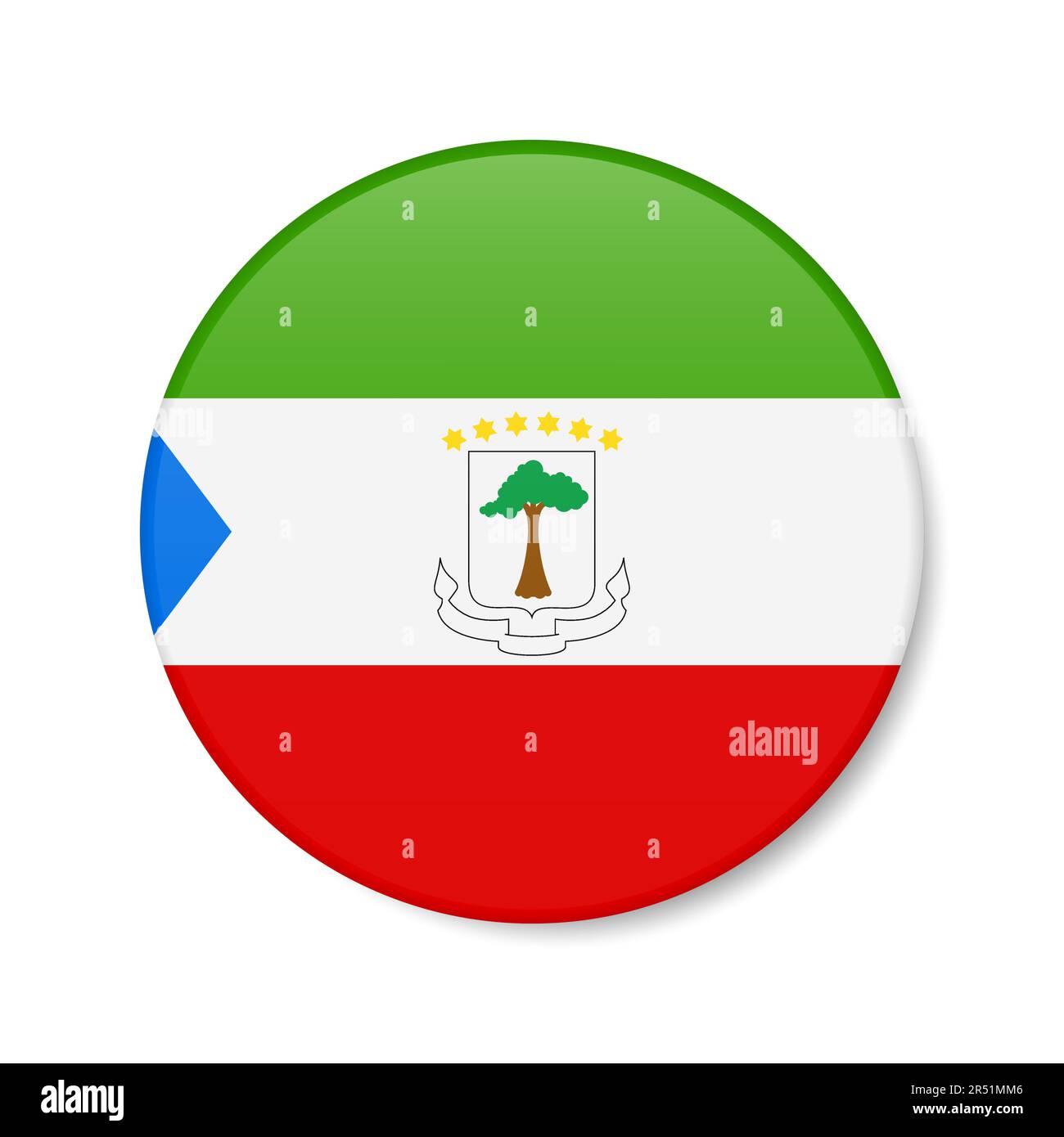 Equatorial Guinea circle button icon. Republic of Equatorial Guinea round badge flag with shadow. 3D realistic vector illustration isolated on white. Stock Vector