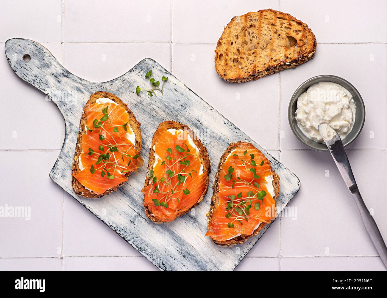 Fillet Breakfast Food photography of toast with smoked salmon, cream cheese, cress salad ...