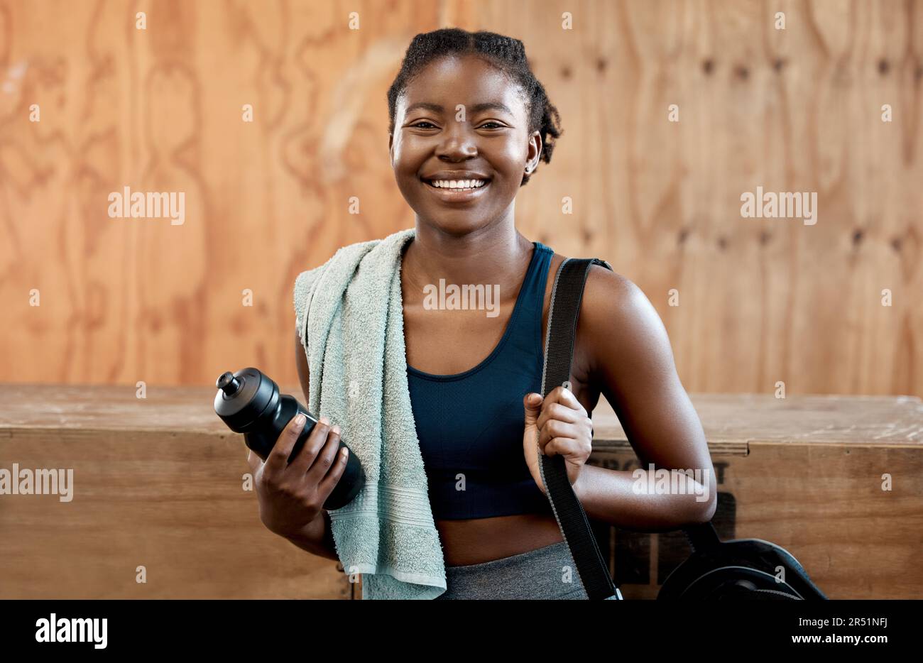 Happy black woman, portrait and fitness for workout, exercise or cardio ...
