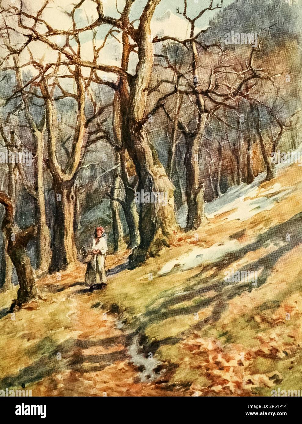 The Last Snow on the Wooded slopes watercolour painting by J. Hardwicke Lewis and May Hardwicke Lewis from the book ' Geneva ' by Francis Henry Gribble Publication date 1908 in London : by Adam and Charles Black Stock Photo